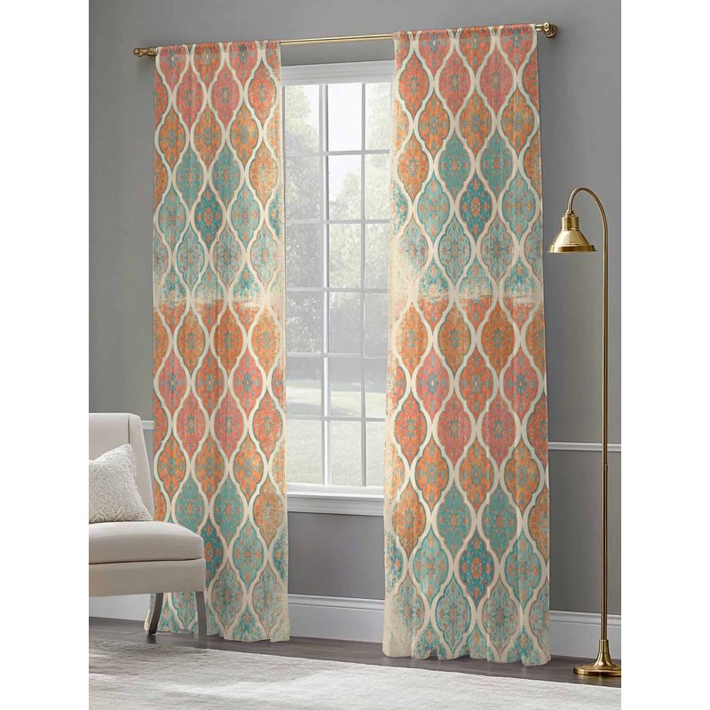 Boho Sheer Curtains 84 Inch Length Set - Geometric Voile Window Treatment