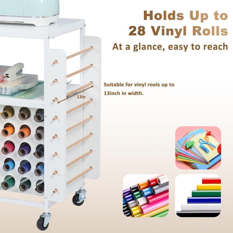 Craft Storage Cart with 28 Vinyl Roll Holders and 5 Drawers - Rolling Organizer for Cricut Machines