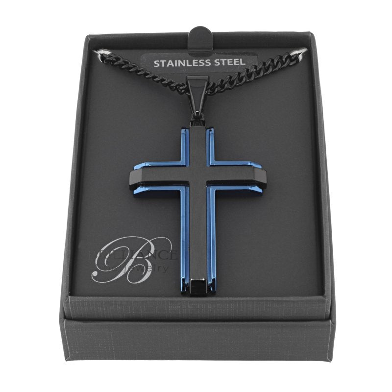 Men's Black and Blue Stainless Steel Cross Pendant Necklace - 24 Inch Chain