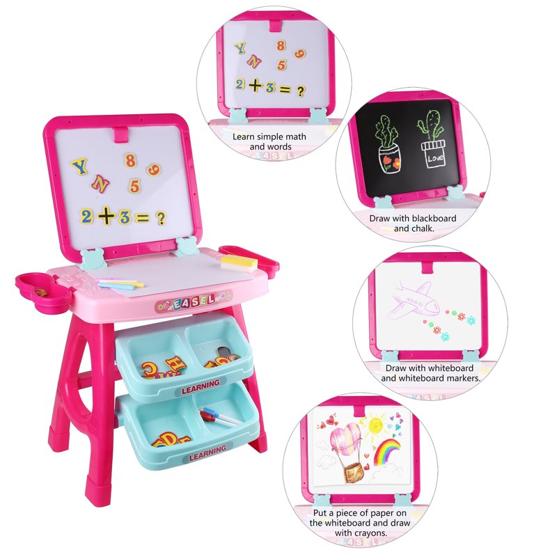Kids Magnetic & Chalkboard Activity Desk - Double-Sided Whiteboard with Letters and Numbers