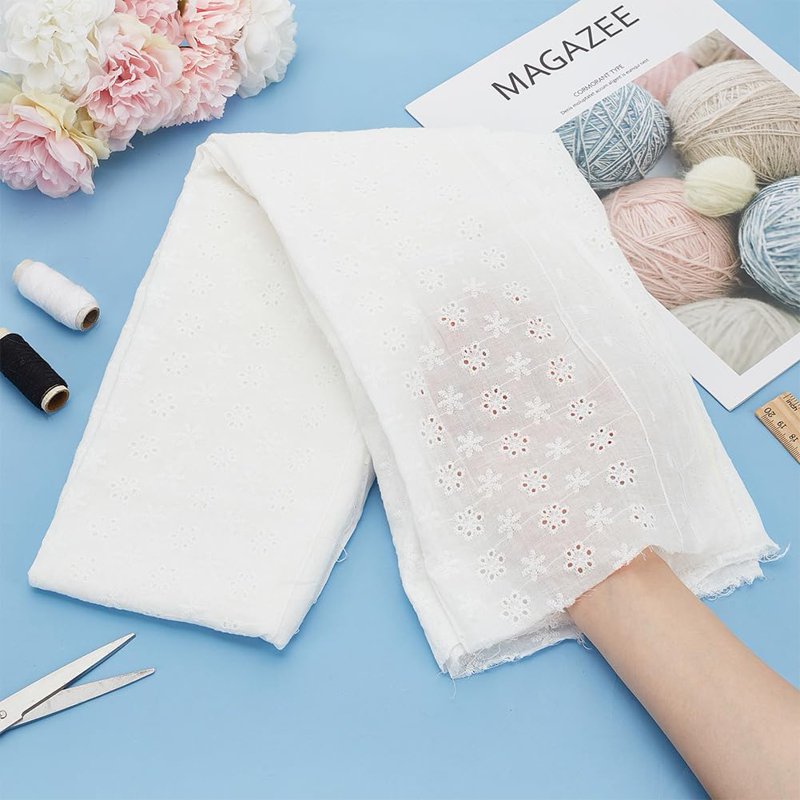 Cotton Embroidered Lace Fabric for Sewing and Decoration, White, 130-153cm Wide