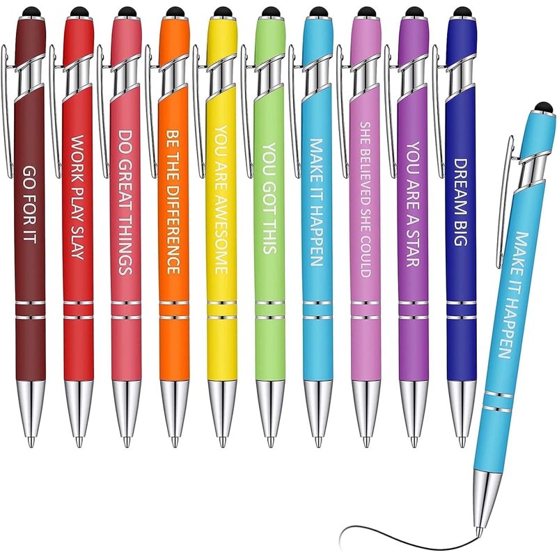 Retractable Ballpoint Pens with Inspirational Quotes & Stylus Tip - Bulk Pack of 10 or 20