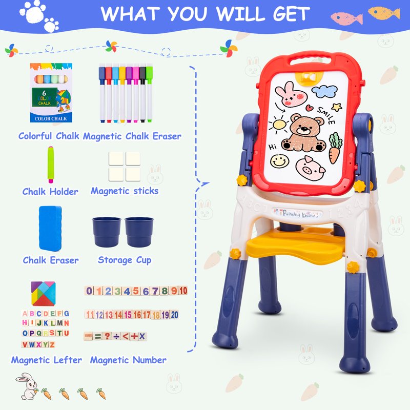 Kids Adjustable Double-Sided Art Easel with Whiteboard & Chalkboard