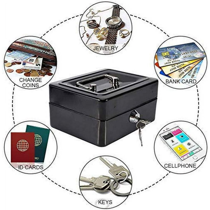 Mini Steel Lockable Cash Box with Key for Storage and Piggy Bank - Black