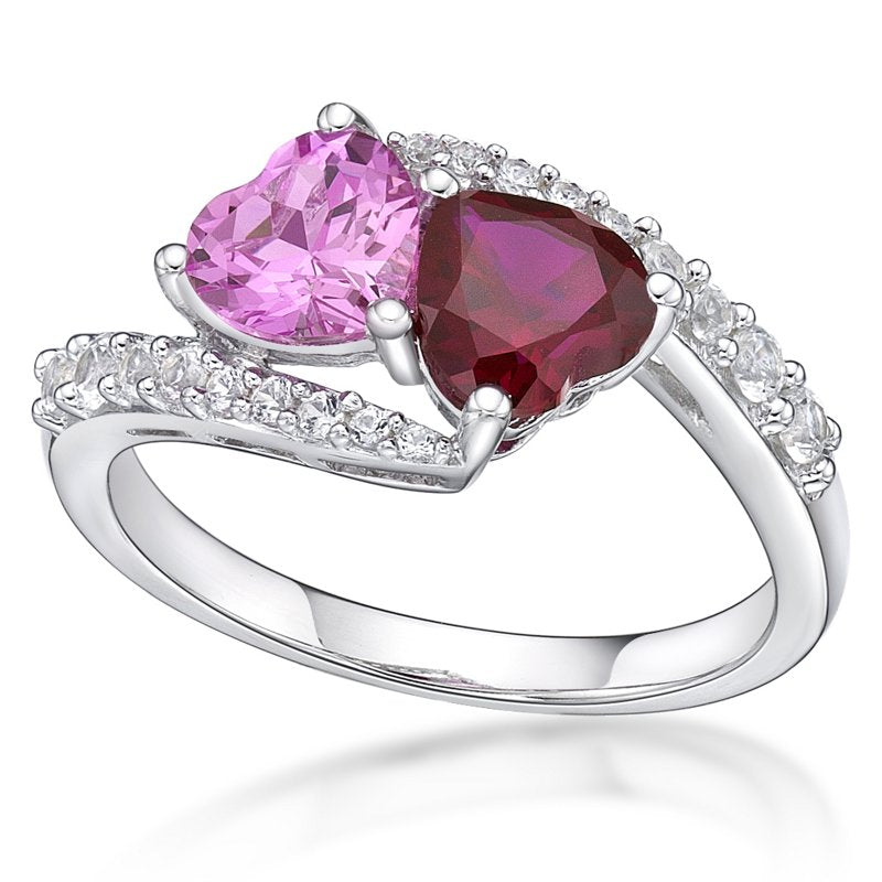 Sterling Silver Created Ruby & Pink Sapphire Double Heart Ring
