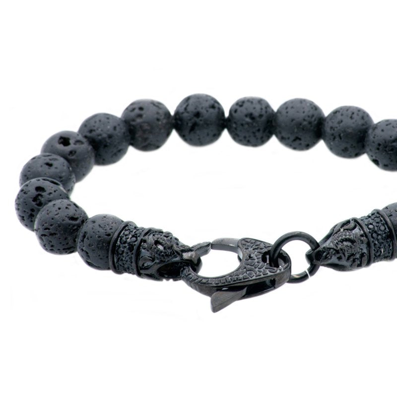 Men's Lava Stone Beaded Bracelet - Black Plated Stainless Steel, 8.5 Inches