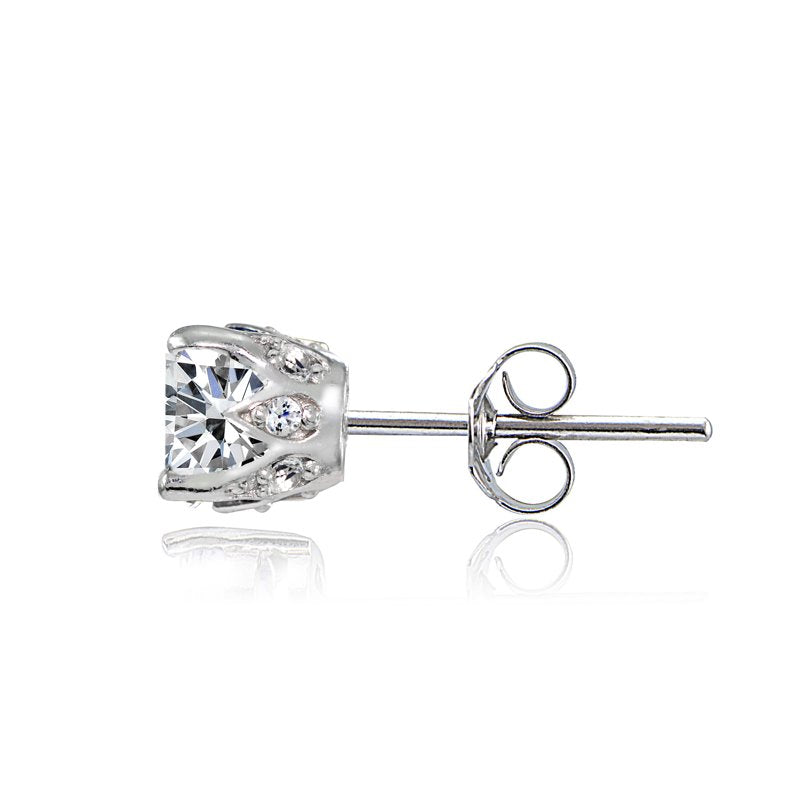 Sterling Silver Cubic Zirconia Crown Stud Earrings for Women and Teens