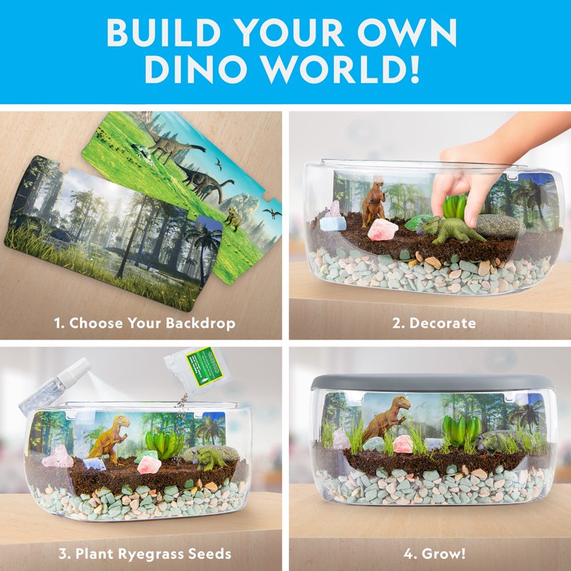 Kids Dinosaur Terrarium Kit with Real Plants Gemstones Light-Up Lid