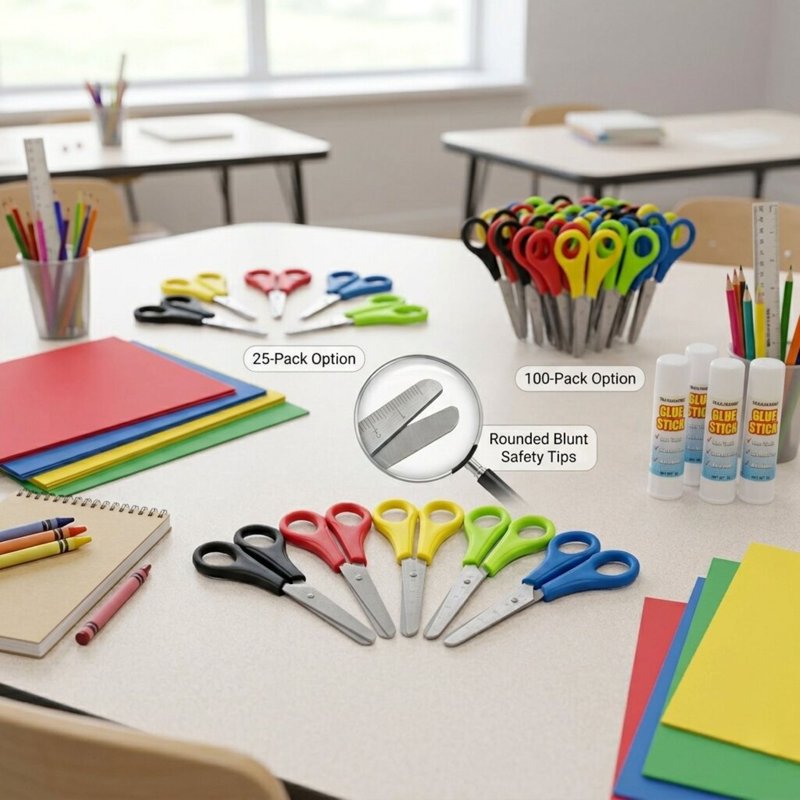 Bulk Safety Scissors Set - 100 Assorted 5-Inch Blunt Tip Craft & School Scissors