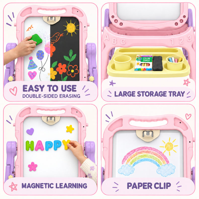 Kids Art Easel with Double-Sided Boards, Adjustable Height & Accessories - Pink