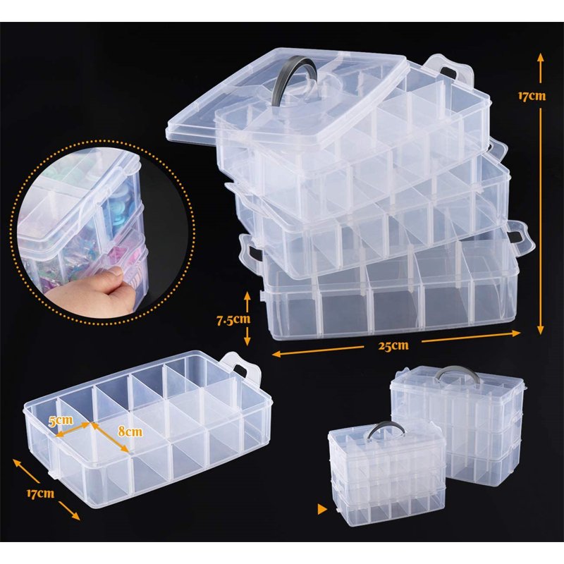 Large 3-Layer Clear Plastic Craft Storage Box with 30 Adjustable Compartments