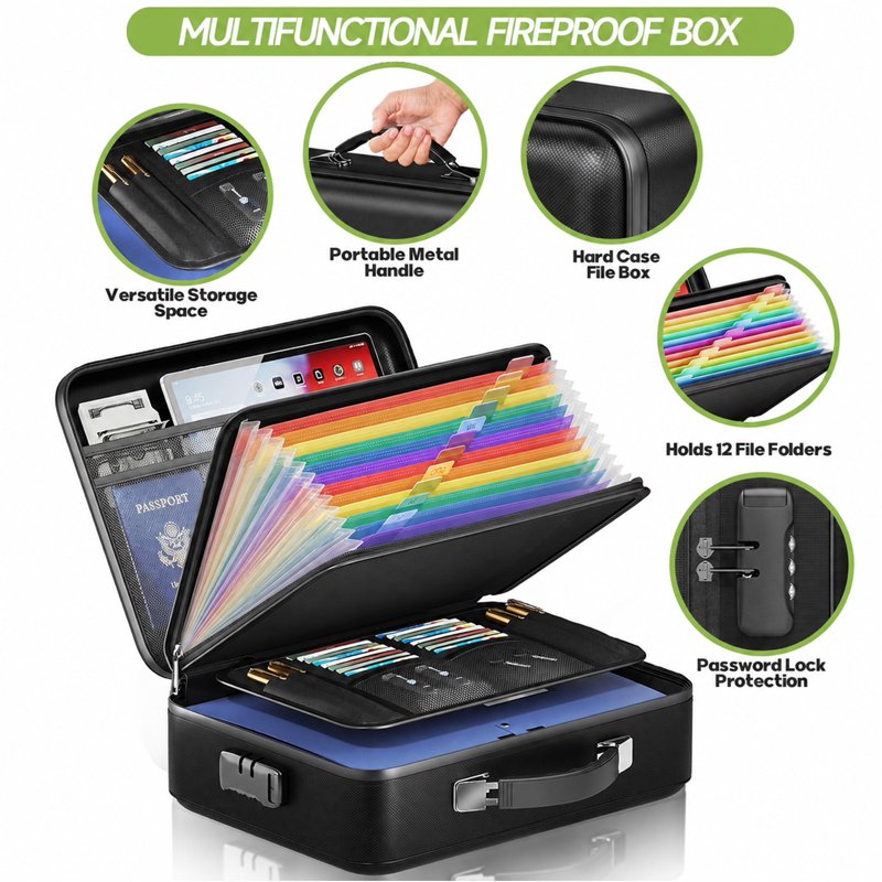 Fireproof Water-Resistant Document Safe Box with Lock and Organizer