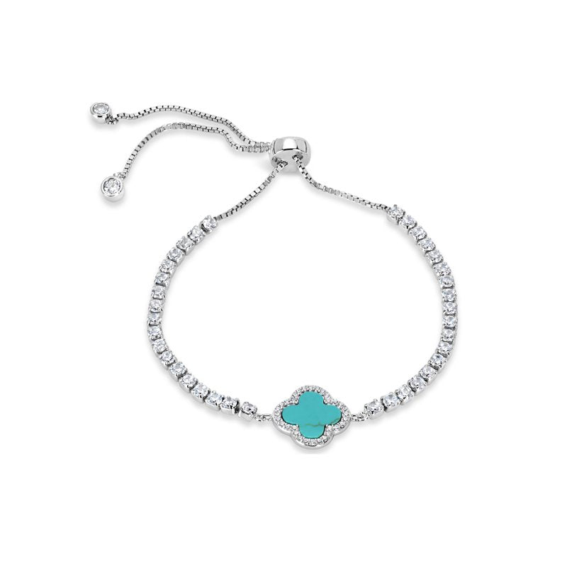 Sterling Silver Turquoise Clover Bolo Bracelet with Cubic Zirconia - 7 to 10 Inch