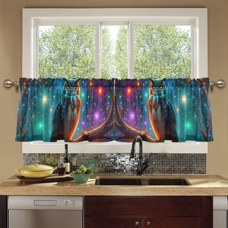 Light Filtering Tier Curtains Set with Owl and Star Design, 2 Panels