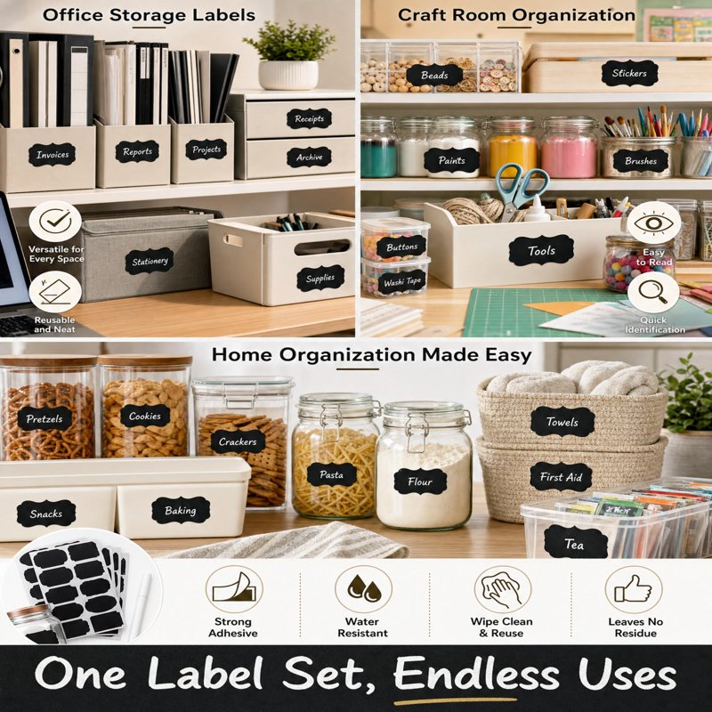 Chalkboard Style Labels Set with Markers - Water-Resistant Rewritable Self-Stick Labels for Pantry & Kitchen Organization - 244 Pieces