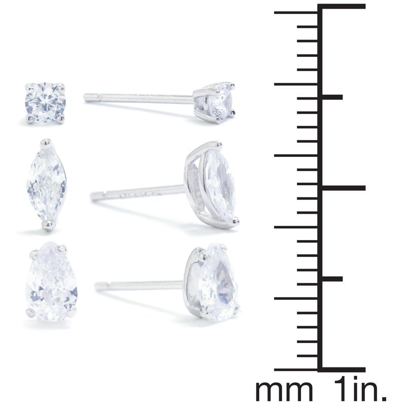 Sterling Silver Cubic Zirconia 3-Piece Stud Earring Set for Women & Teens