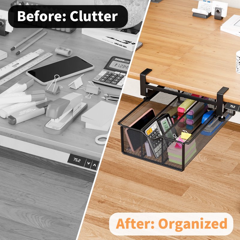 Under Desk Drawer Organizer Clamp-On Mesh Metal Storage Caddy Black