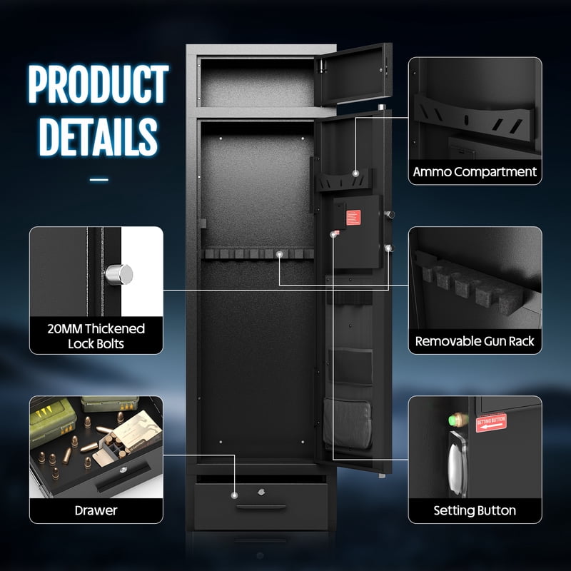 Large Gun Safe for 8-12 Rifles with Adjustable Rack, Drawer & Wall Mount