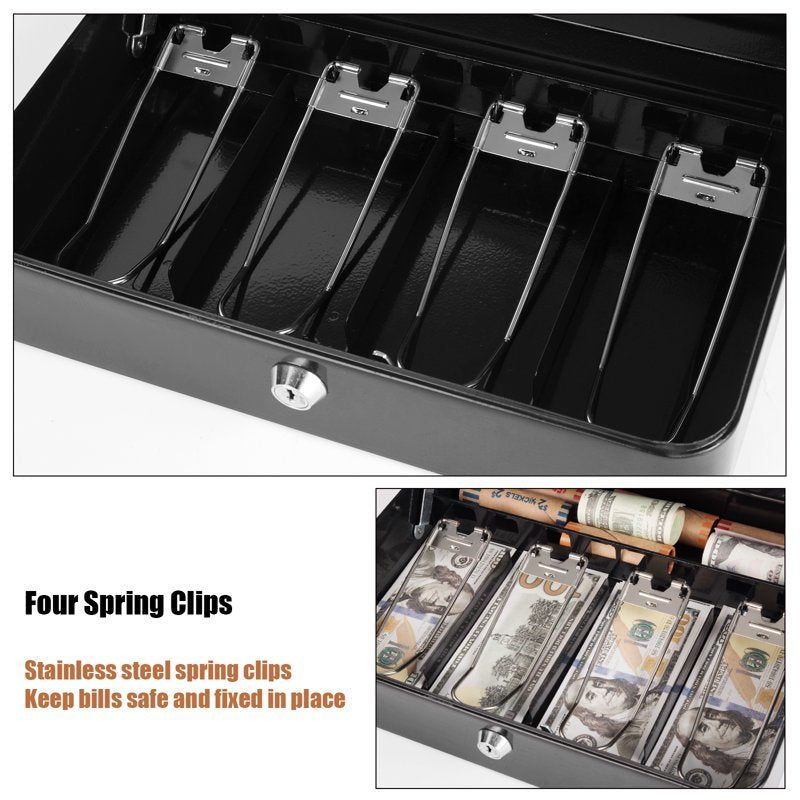 Heavy Duty Metal Cash Box with Lock and Coin Tray - 11.8x9.4x3.5 Inches