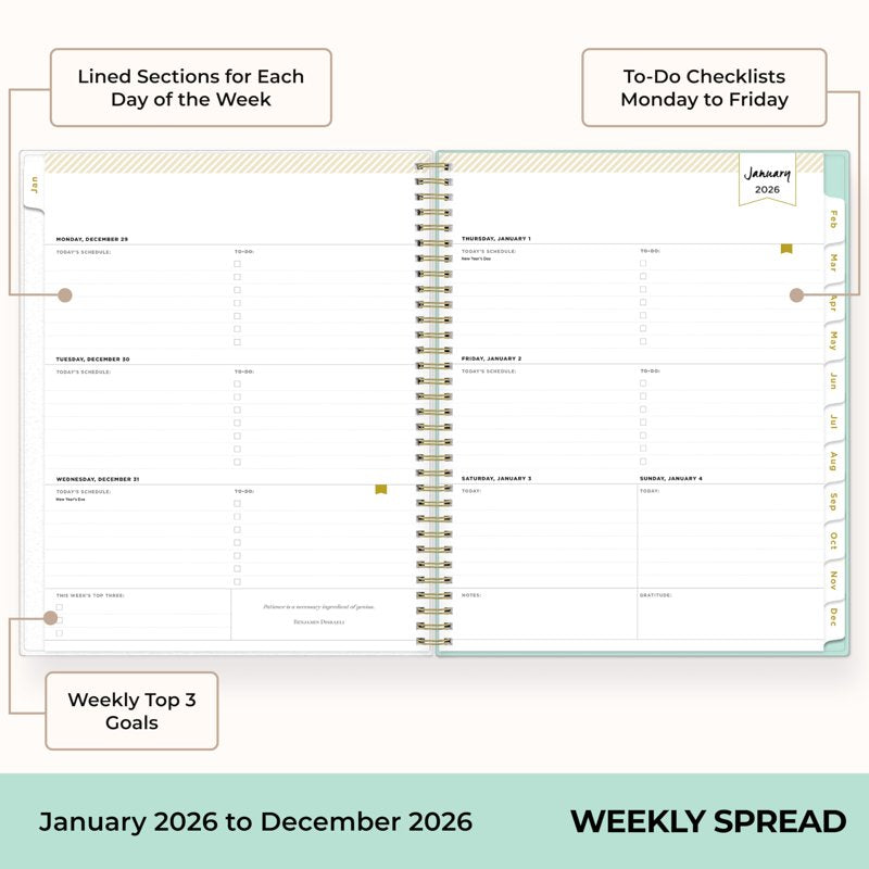2026 Weekly & Monthly Planner Calendar - 8.5 x 11 Mint Cover with Stickers