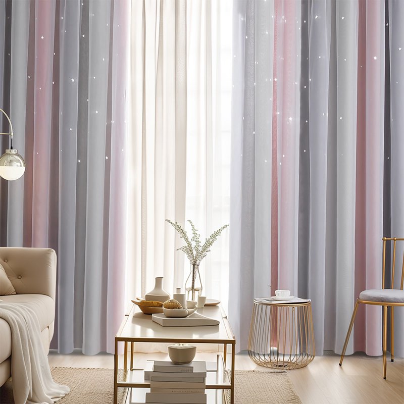 Colorful Rainbow Gradient Stripe Double Layer Blackout Curtain for Girls Bedroom
