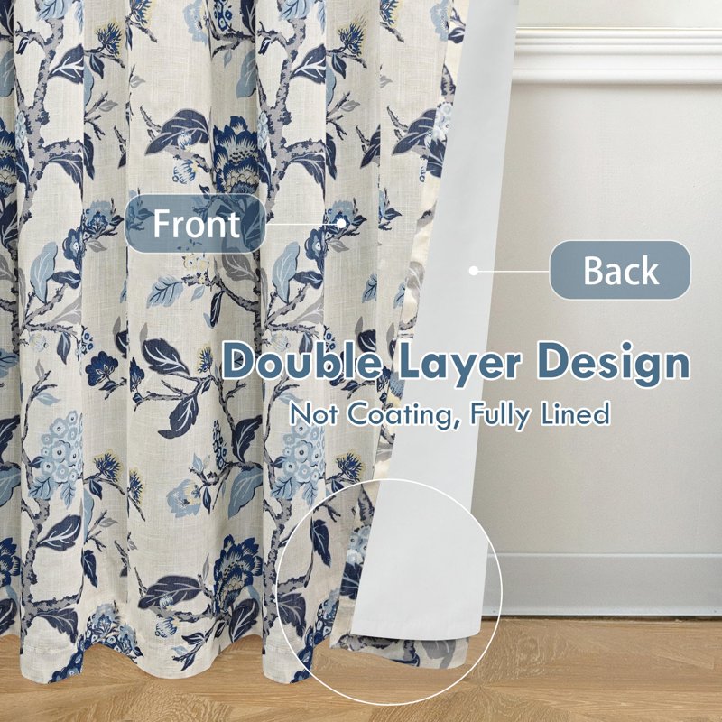 Thermal Insulated Linen Blend Blackout Window Curtains Set of 2 - Floral Botanical Pattern