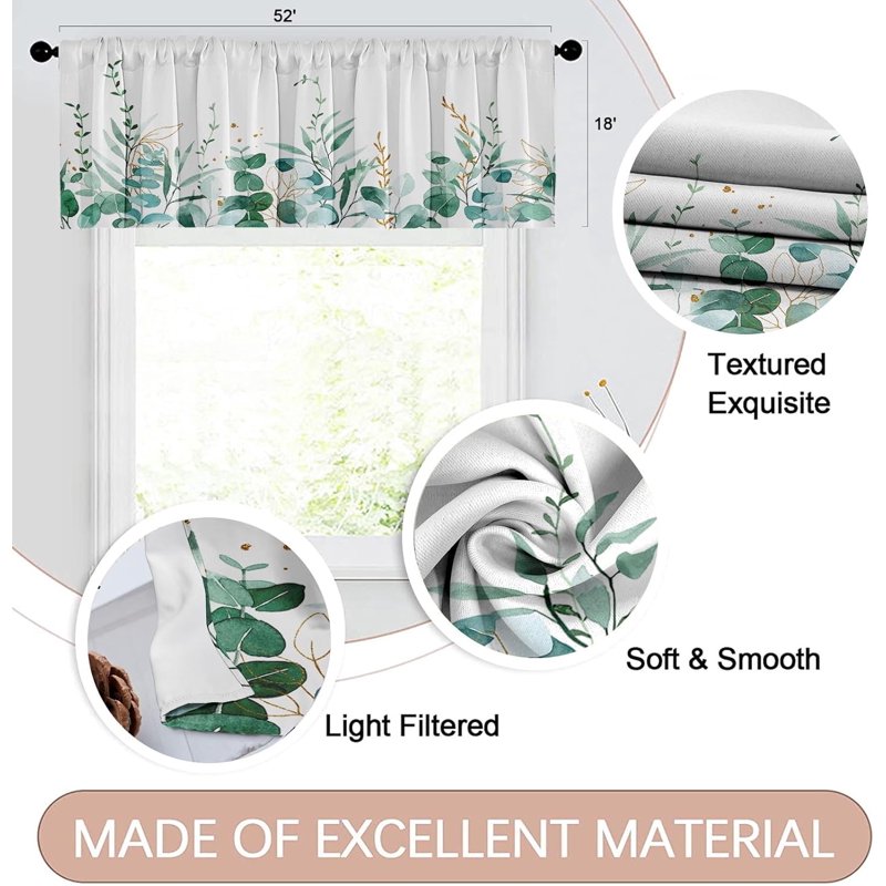 2 Pack Window Valances with Eucalyptus Leaf Pattern - Adjustable Cotton Curtains for Living Room & Kitchen, 18x52 Inch