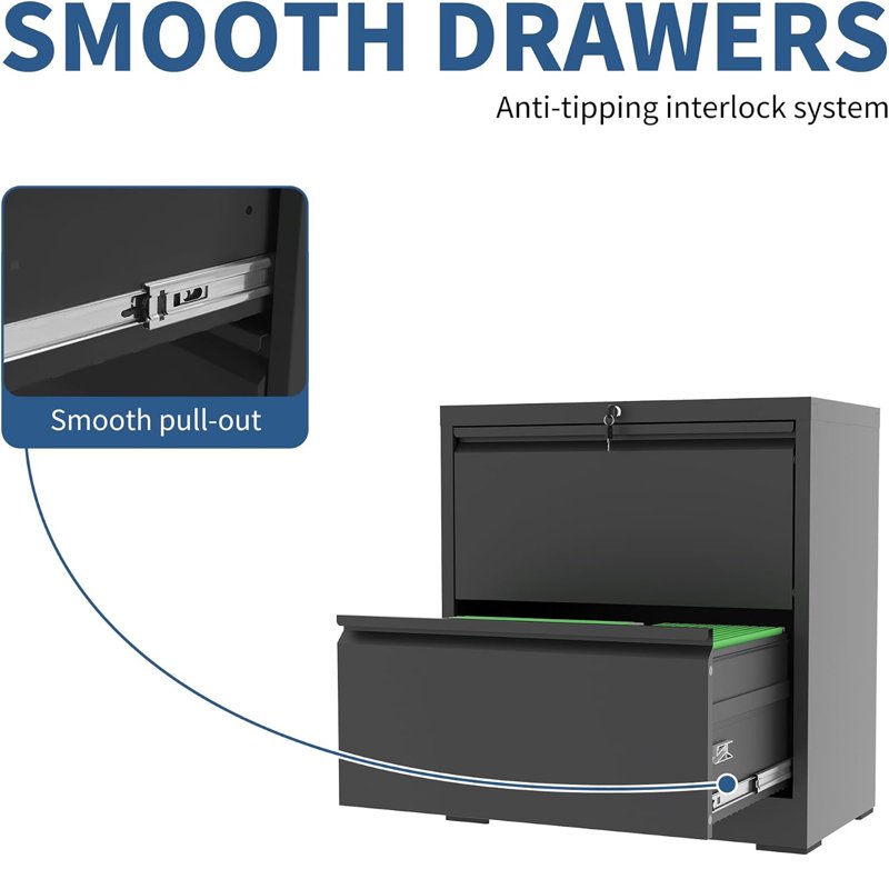 Metal 2 Drawer Lateral File Cabinet with Lock for Office & Home Black