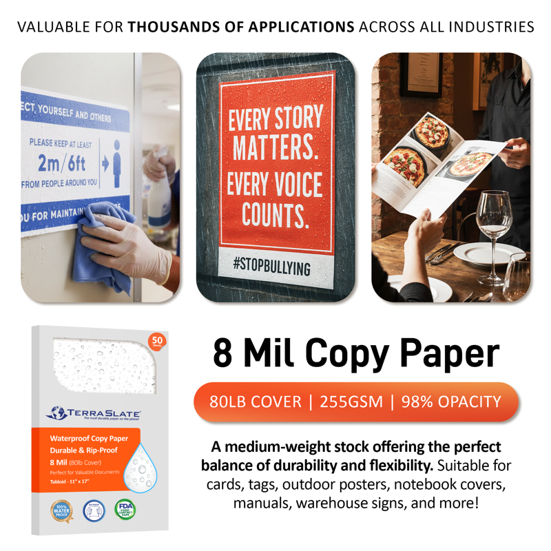 Waterproof Laser Printer Paper - 8 Mil 80lb Cover, 11x17 Tabloid, 25 Sheets