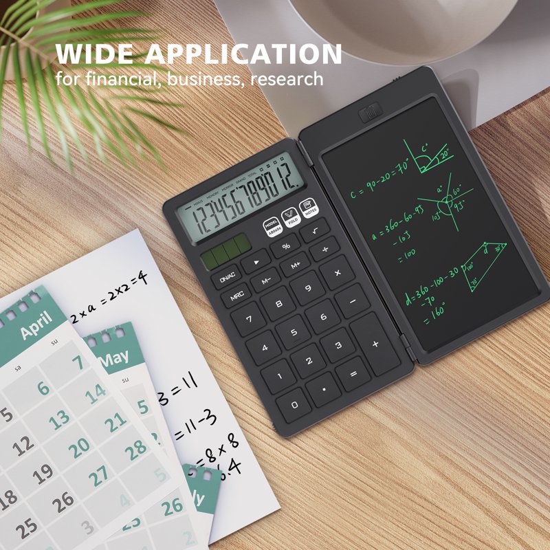 Basic Pocket Calculator with Erasable LCD Notepad for Students, Foldable Portable Design