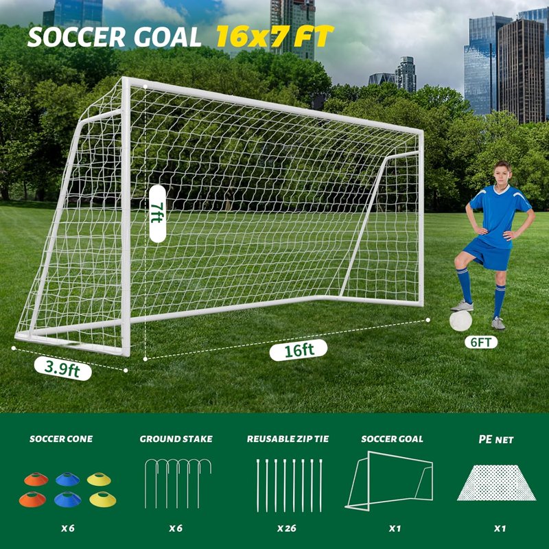 Foldable 16x7 ft Soccer Goals – Steel Backyard Training System, Weatherproof