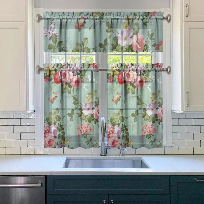 Kitchen Curtains and Valance Set - 3 Piece Vintage Rose Window Treatment