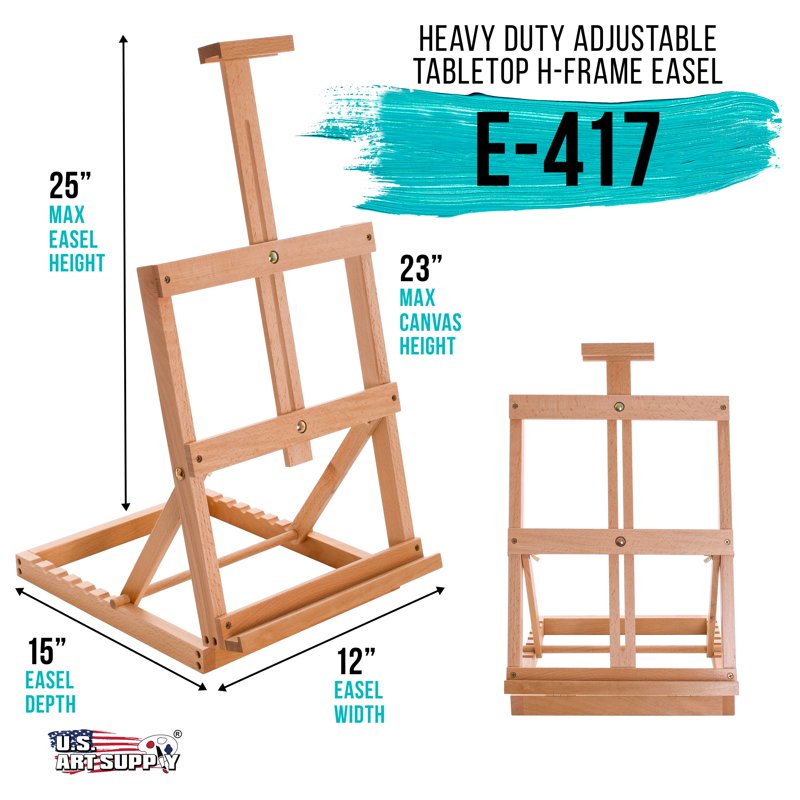 Heavy Duty Wooden Tabletop Easel for Artists, Holds 23-inch Canvas, Adjustable Beechwood Studio Display