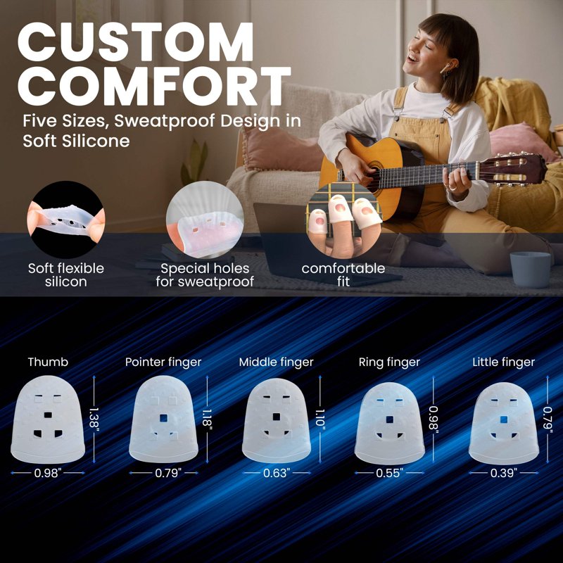 Silicone Guitar Finger Protectors Set - 5 Sizes Finger Tips Guards for String Instruments