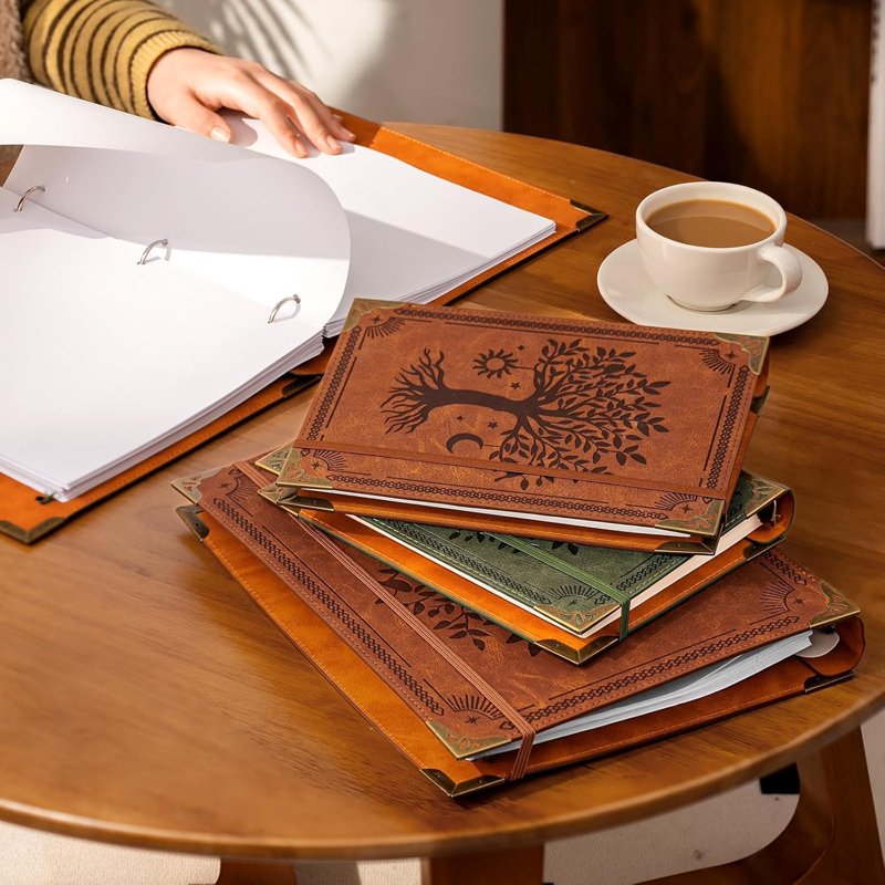 2 Pack Leather 3 Ring Binders for 8.5x11 Paper - 1 Inch Capacity, Green & Brown