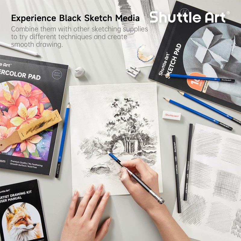 Complete Artist Drawing Kit with Pencils, Pastels, Charcoal, Paper Pads, and Accessories