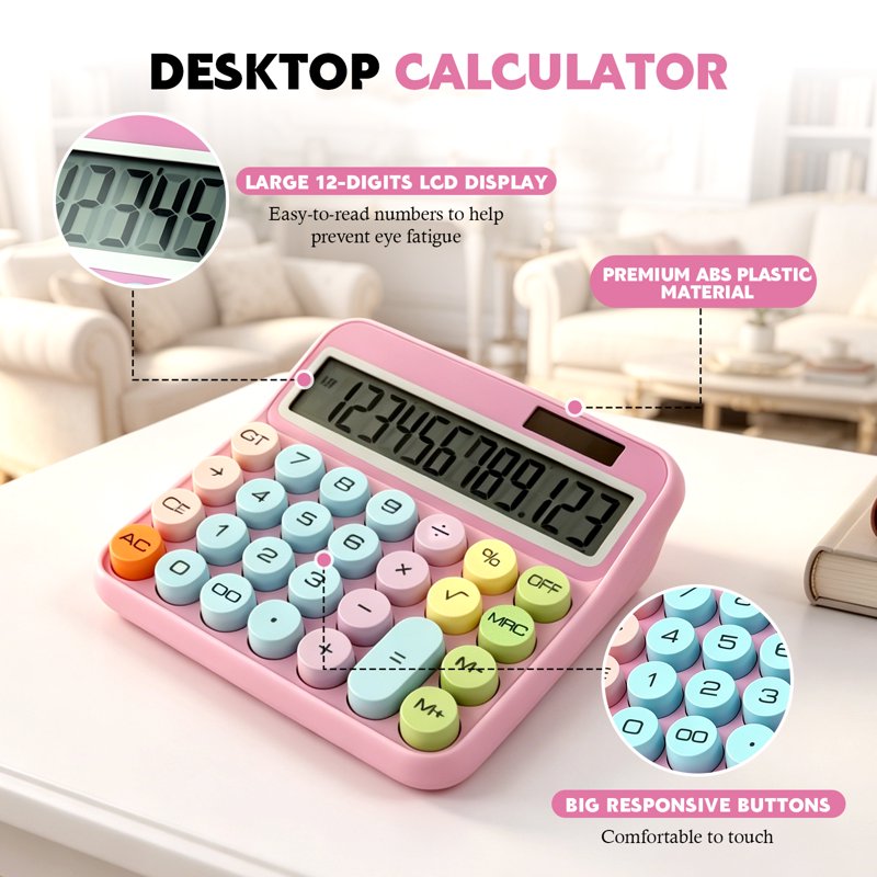 Mechanical Switch Calculator with Big Buttons - Pink Kids Desktop Calculator for School & Office