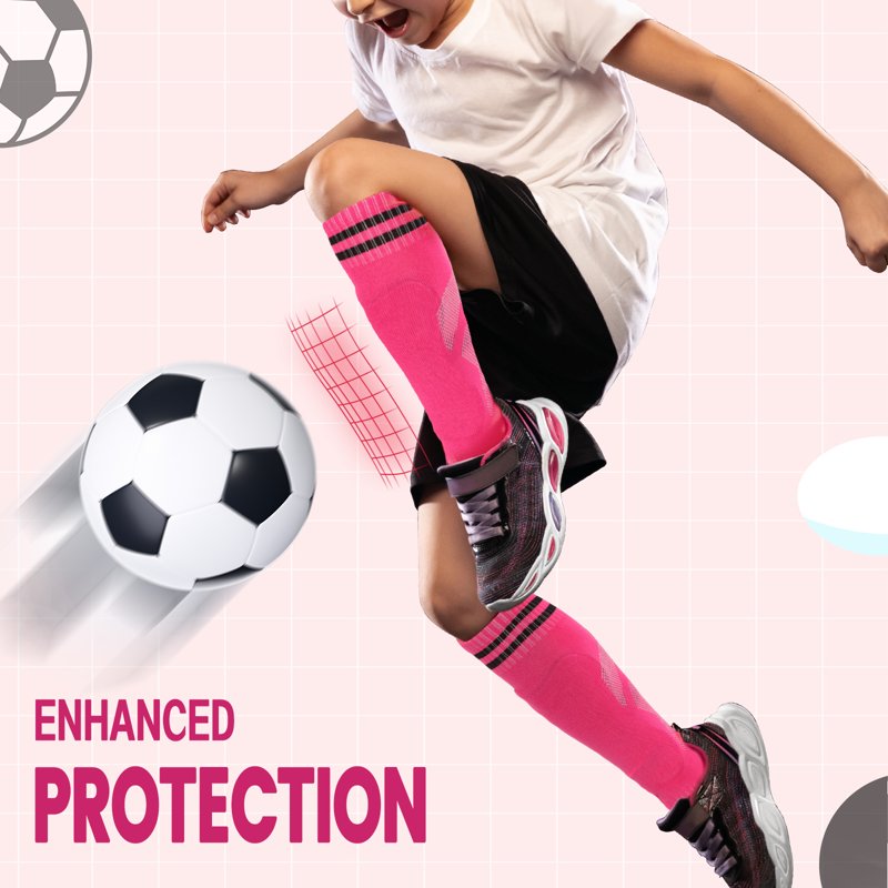 2 Pairs Kids Soccer Shin Guards & Socks Set - Lightweight Protective Shin Pads, 3-15 Years, Black & Rose Red