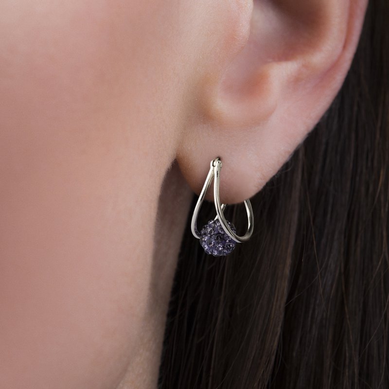 Purple Crystal Double Hoop Earrings Sterling Silver Rhodium Plated for Women