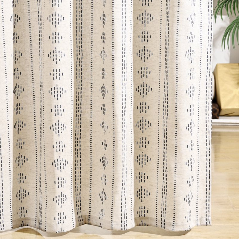 Boho Farmhouse Linen Curtains with Geometric Stripes - Light Filtering Window Drapes, 2 Panels