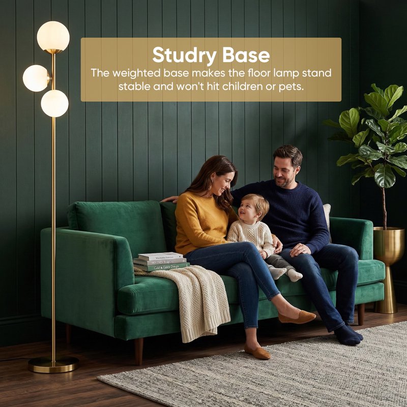 Gold 3-Light Globe Floor Lamp with Frosted Shades - Modern Standing Tree Lamp for Living Room Bedroom