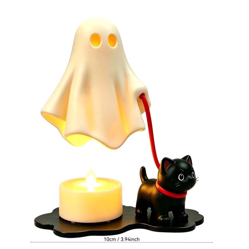 Halloween Ghost Walking Cat Figurine Lamp with Candle Warmer - Gothic Resin Night Light