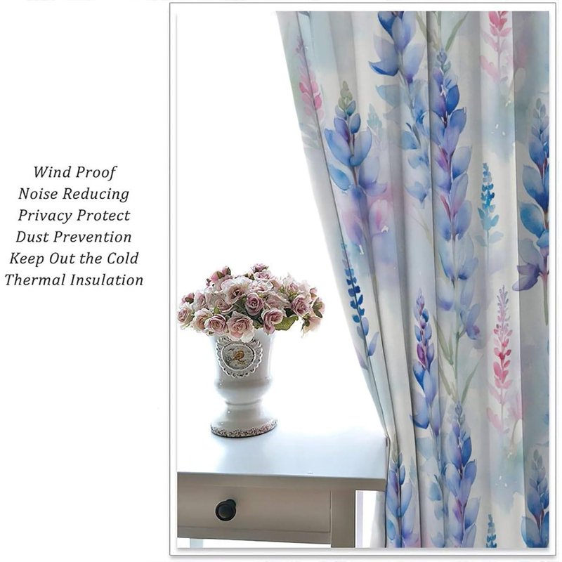 Lavender Floral Curtains Set - Botanical Pattern Window Drapes for Bedroom & Kitchen