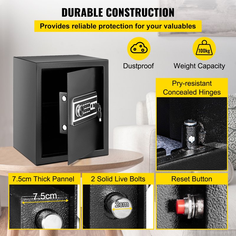 48 L Security Safe with Key, Fingerprint & Password Lock - Black