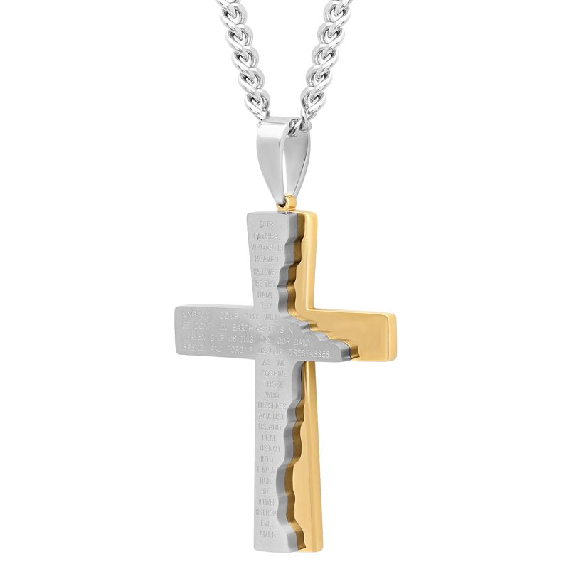 Men's Gold-Tone Stainless Steel Prayer Cross Pendant with Chain - Religious Jewelry