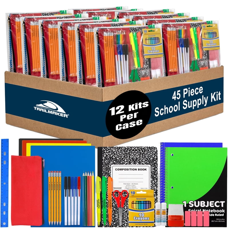 12-Pack 45-Piece Stationery Supply Kit Set with Notebooks, Folders, Pens, Pencils, Crayons & More