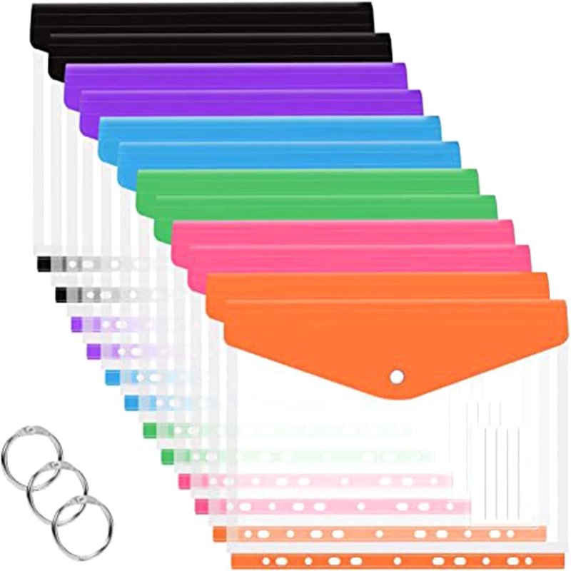 12 Pack Plastic Binder Pockets with Snap Button & Label - Color-Coded Office & School Organizer