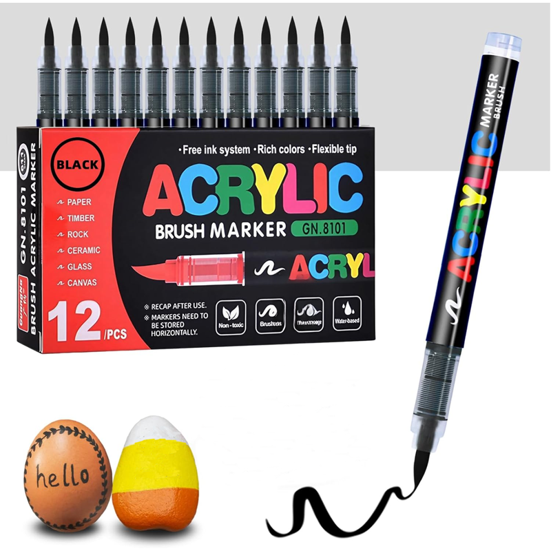 Black Acrylic Paint Pens Set - Waterproof Soft Brush Tip Art Markers for DIY Crafts and Rock Painting