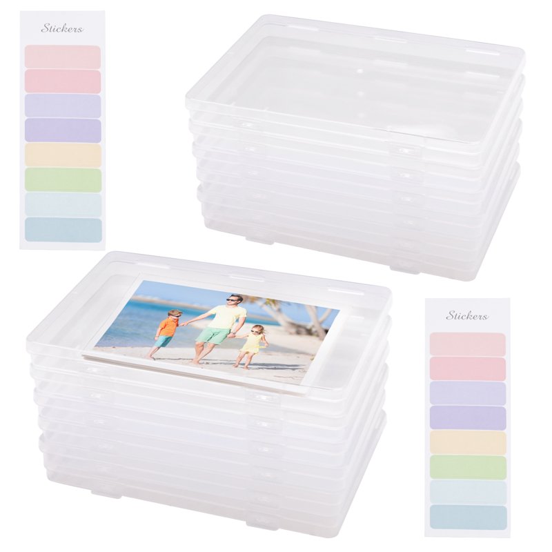 12 Pack Clear Plastic Photo Storage Boxes with Labels - 5x7 Inch Organizers for Photos, Crafts, Scrapbook Supplies