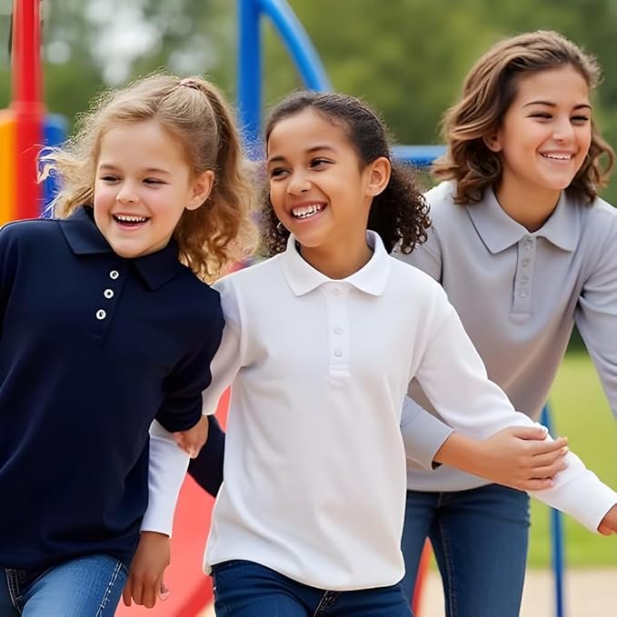 Girls Long Sleeve Polo Shirts 2-Pack - Breathable, Durable & Easy Care